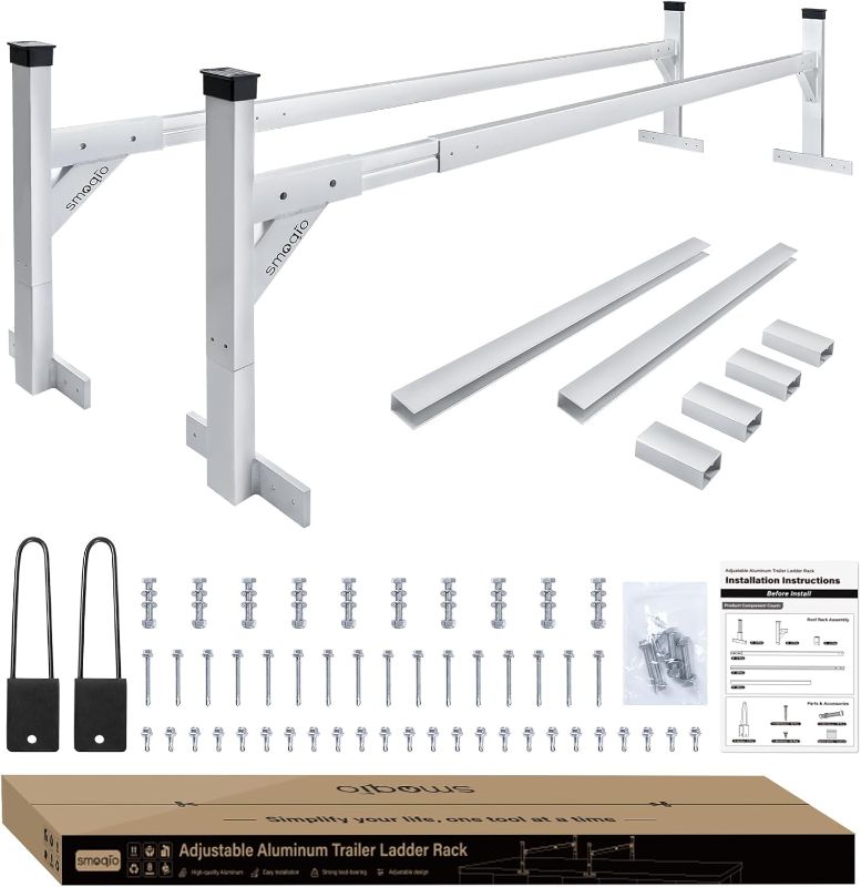 Photo 1 of ***USED***Ladder Rack for Trailer, Aluminum Trailer Ladder Rack 5.77'-8.65' Adjustable, Silver Enclosed Trailer Ladder Rack with Ladder Stopper for Open and Enclosed Trailer