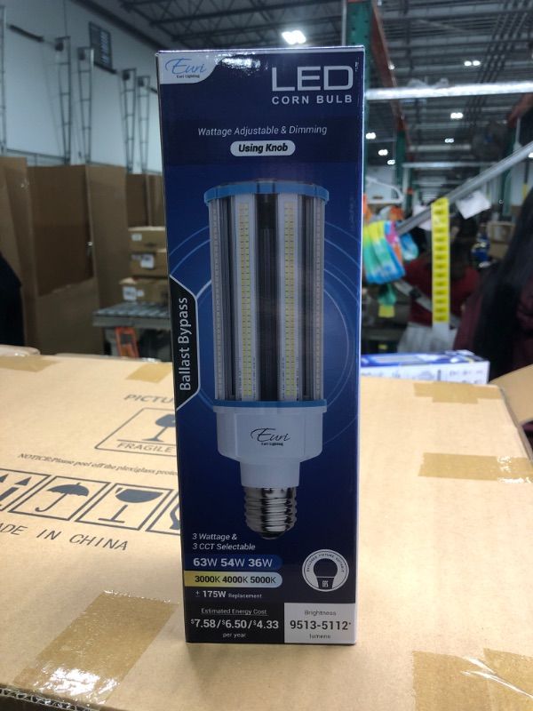 Photo 1 of Euri Lighting ECB63W-303sw, LED Corn Bulb, CCT (3K, 4K, 5K) & Wattage Tunable (63W, 54W, 36W), 135-150LM/W, 100~277VAC, Step Dimming, IP64, Fully Enclosed Rated, DLC 5.1, UL, White