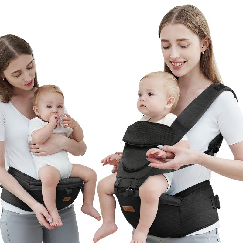 Photo 1 of Baby Carrier with Hip Seat, Baby Carrier Newborn to Toddler, 6-in-1 Ways to Carry, All Seasons, Adjustable Baby Holder Carrier for Breastfeeding (Black?
