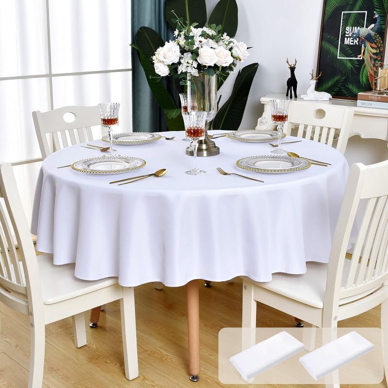 Photo 1 of 2 Pack White Round Tablecloth Waterproof Stain Resistant Wrinkle Free Table Cloth 210GSM Polyester Washable Wipeable Circle Table Cover for Party, Banquet, Wedding (70 inch, 2 Pcs)
