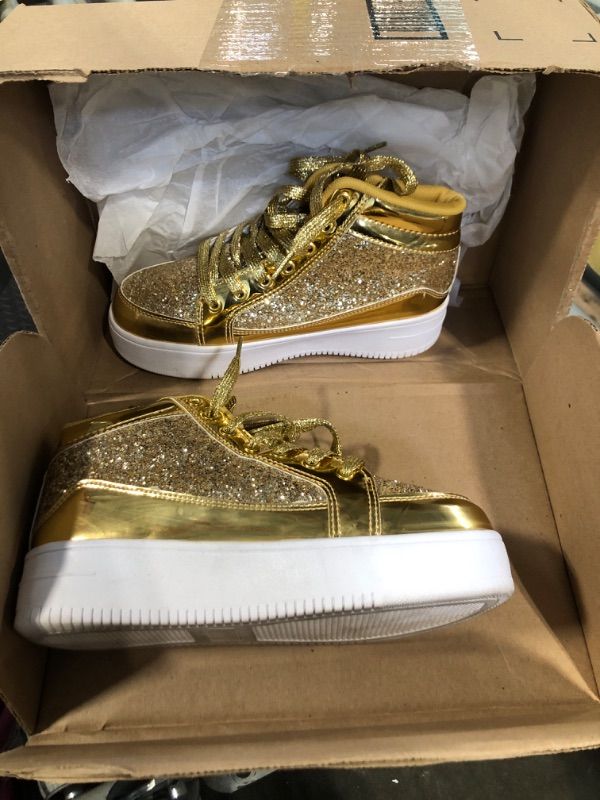 Photo 4 of **USED**
 IGxx Womens High Top Glitter Sneakers Golden Sparkle Shiny Metallic Rhinestone Gold Dress Wedge Tennis Shoes Platform Disco Dance Prom Party Size 7