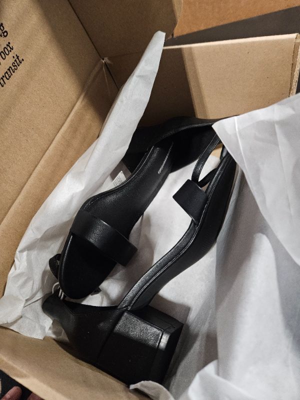 Photo 2 of **USED**
Amazon Essentials Women's Two Strap Heeled Sandal, Black Faux Leather, 8 Wide