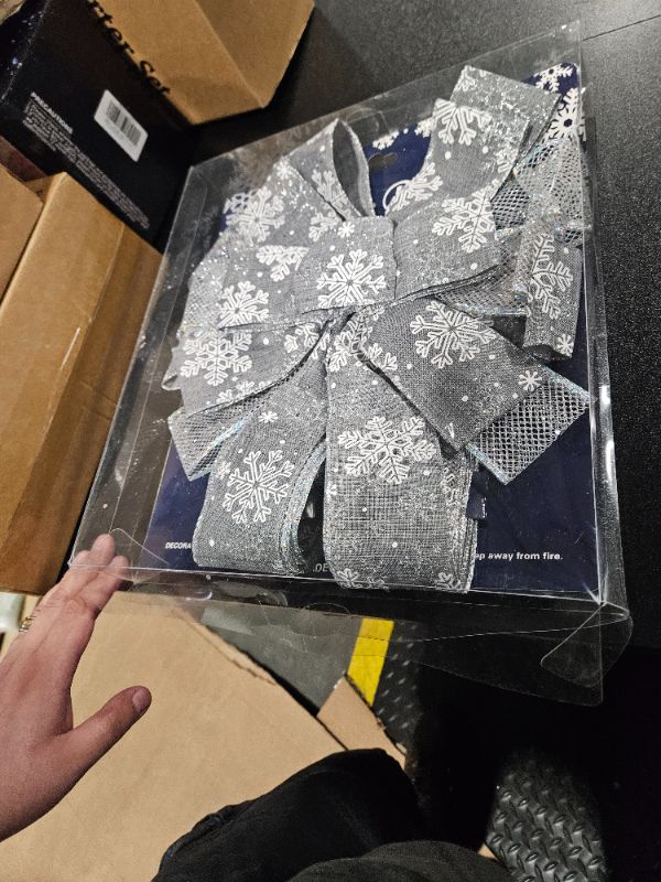 Photo 1 of Christmas Tree Topper Bow, 44X12 Inch Artificial Xmas Tree Flower Topper Decor, for Family, Wedding, Birthday Party, Indoor Outdoor Thanksgiving Christmas Decoration - Grey/Sliver/Snowflake.