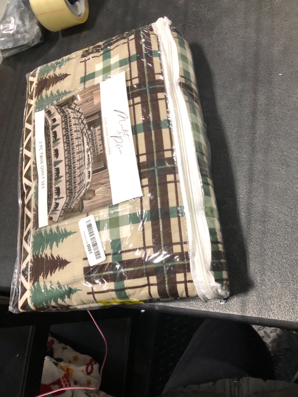 Photo 1 of 2 Piece Reversible Quilt Set with Sham | All-Season Soft & Lightweight Bedspread | Rustic Lodge Cabin Printed Plaid Design | Cedar Creek Collection (Twin, Chocolate/Green)
