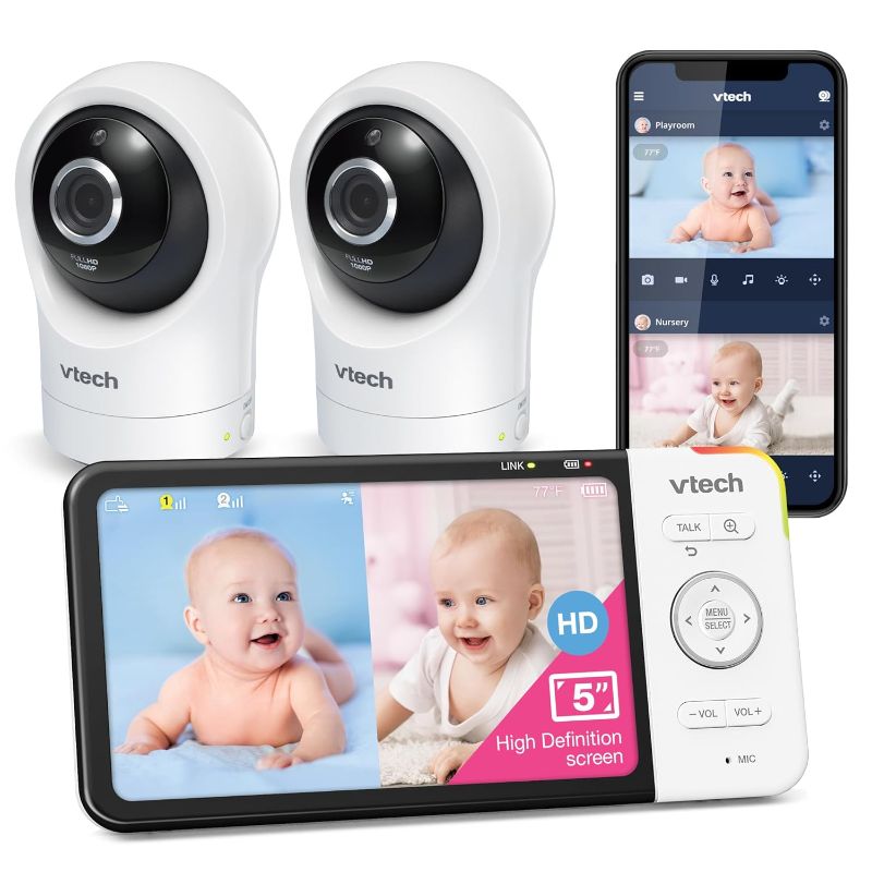 Photo 1 of ***missing one camera, missing USB charging cable for monitor. Power turns on, but didn't test connection with camera*** VTech RM5764-2HD 1080p Smart WiFi Remote Access 2 Camera BabyMonitor, 360° Pan & Tilt, 5" 720p HD Display, Night Vision, Soothing Soun