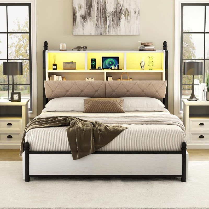 Photo 1 of *** similar *** AMERLIFE Queen Bed Frame with Bookcase Headboard , Wooden Platform Bed with Charging Station and LED Light, No Box Spring Needed/Noise-Free, White 