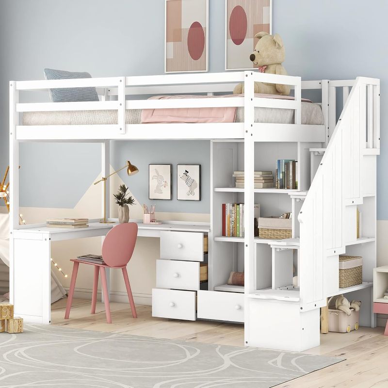 Photo 1 of  Loft Bed with L-Shaped Desk, Drawers and Cabinet, Multi-Functional Loft Bed with Convertible Storage Staircase for Kids Teens Adults, No Box Spring Required