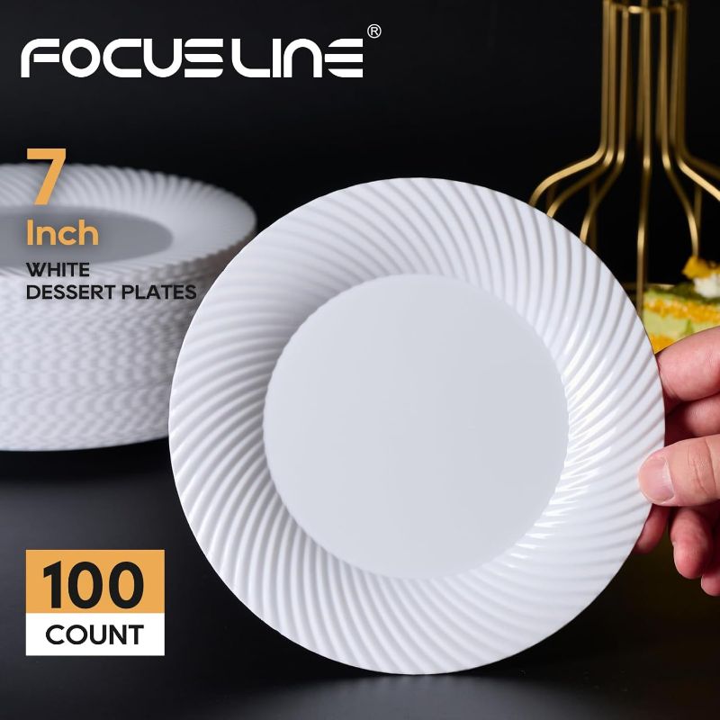 Photo 1 of (FAIR) FOCUSLINE 7 Inch White Plastic Plates, 100 Count Disposable Heavy Duty Salad Dessert Plates