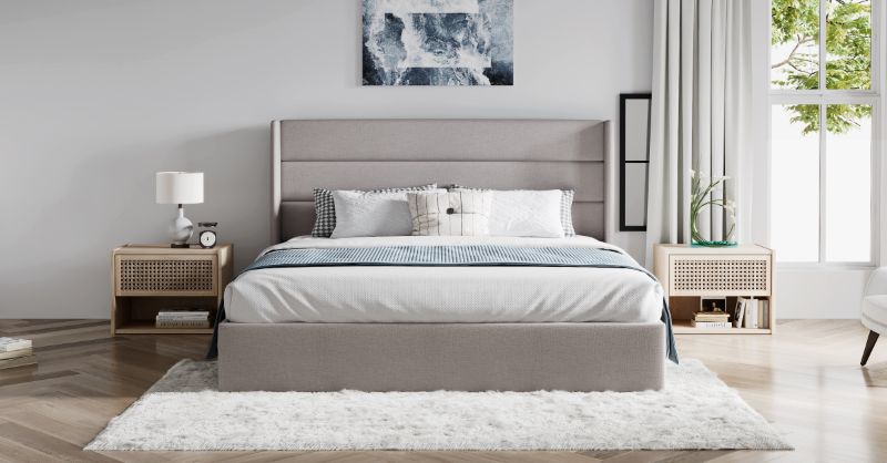 Photo 1 of ***STOCK PHOTO REFERENCE ONLY***SHA CERLIN King Size Lift Up Storage Bed/Modern Wingback Headboard/Upholstered Platform Bed Frame/Hydraulic Storage/No Box Spring Needed/Wood Slats Support/Light Beige***STOCK PHOTO REFERENCE ONLY***