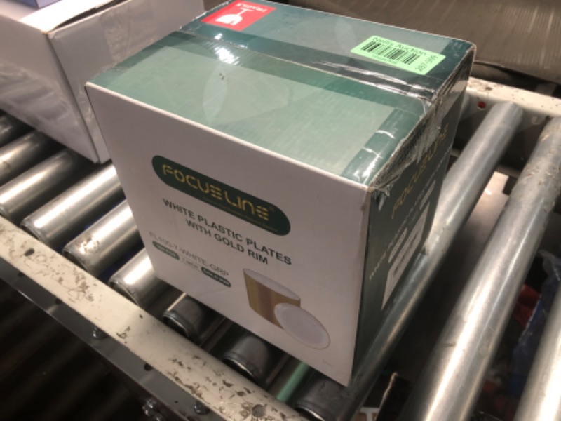 Photo 1 of FOCUSLINE 100 Count Gold Plastic Plates 7 Inch, Disposable Heavy Duty Salad Dessert Plates, Premium Hard Plastic Plates Fancy Disposable White Plates with Gold Rim for Wedding Parties