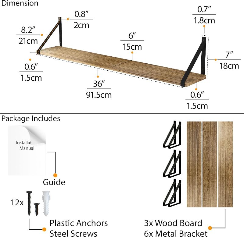 Photo 4 of (NON-REFUNDABLE) **PARTS** Wallniture Bora 36 Inch Large Floating Shelves for Wall Storage, Floating Bookshelf Set of 3, Burned Wood Wall Shelves for Books