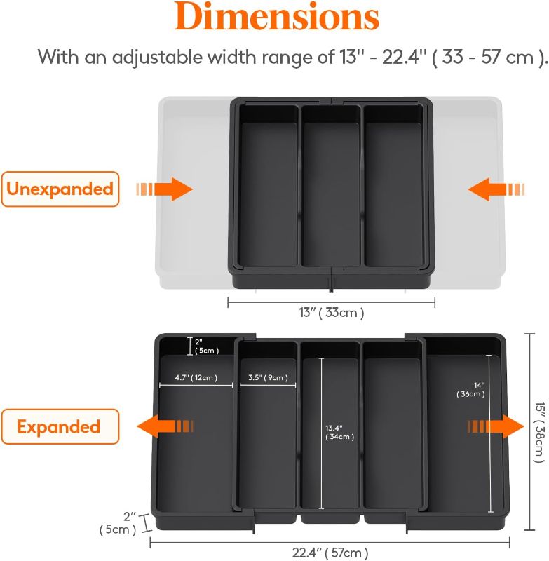 Photo 3 of (BAGGED) Lifewit Utensil Organizer for Kitchen Drawers, Expandable Cooking Utensil Tray, Adjustable Cutlery Silverware Flatware Holder, Plastic Kitchen Spatula Tools and Gadgets Storage Divider, Large, Black