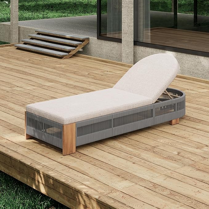 Photo 1 of **HAS DAMAGES** Acacia Wood Outdoor Chaise Lounge Chair with Adjustable Backrest & Cushion - Grey Rope Poolside Lounge Chair for Patio, Beach, Yard - Water-Resistant & Comfortable 800lb Capacity