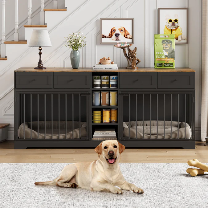 Photo 1 of **FOR PARTS/MISSING ASSEMBLY PIECES** GarveeHome 82” Double Dog Crate Furniture, Large Dog Kennel Indoor for 2 Dogs, Heavy Duty Wooden Dog Crate TV Stand with 4 Drawers and Shelves, Black
