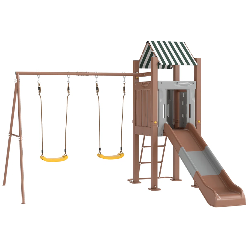 Photo 1 of ***PARTIAL SET BOX 1 OF 4*** Kids Swing Set for Backyard, Playground Set with 6 FT Slide, 2 Adjustable Swings, Fort with Canopy, Ladder, Outdoor Playset with Ground Stakes for Ages 3-8, Brown