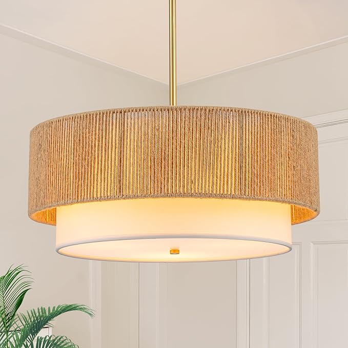 Photo 1 of 18'' Farmhouse Rattan Chandeliers for Dining Room,3-Light Boho Light Fixtures Rattan Pendant Light Fixture with Fabric Shade Drum Chandeliers for Bedroom Dining Room Foyer Kitchen Hallway