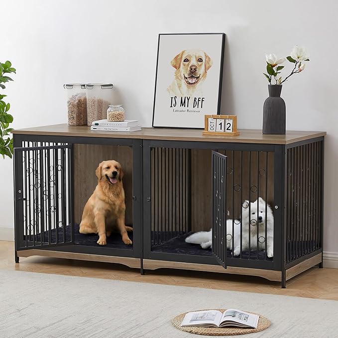 Photo 1 of **FOR PARTS ONLY MISSING ALMOST ALL PIECES** Lyromix 71'' Dog Crate Furniture for 2 Large Medium Dogs, XXL Wooden Indoor Double Crate Kennel Cage Large Breed with Door, TV Stand End Table with Divider, No Cushion,Grey