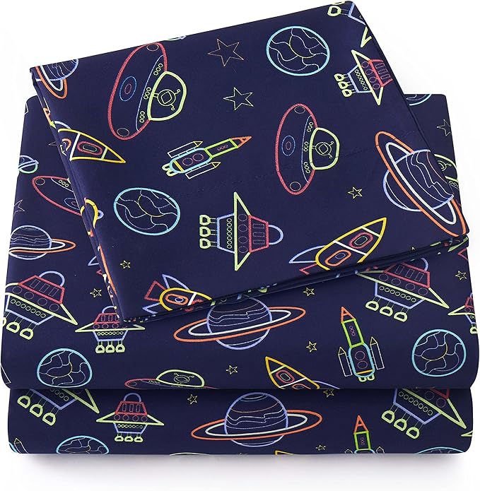 Photo 1 of 1500 Supreme Kids Bed Sheet Collection - Fun Colorful and Comfortable Boys and Girls Toddler Sheet Sets - Deep Pocket Wrinkle Free Soft and Cozy Bedding - Twin XL, Neon Spaceships 12 pcs set