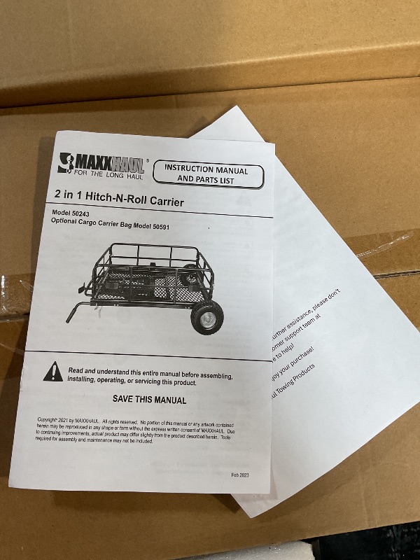 Photo 1 of ***FOR PARTS ONLY/BROKEN W BENT PIECE(S) *** MaxxHaul 50243 Foldable Hitch N Roll Cargo Carrier Cart With Quick Detachable Basket Rack With 10 inch Flat Free Tires for Home Camp Travel Ranch SUV Up to 400 lb. Capacity