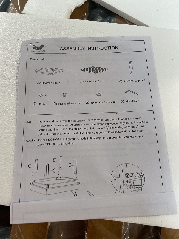 Photo 1 of 24KF Large Square Upholstered Tufted Linen Ottoman Coffee Table, Large Footrest Ottoman with Solid Wood Shelf-Ivory