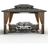 Photo 1 of 2025 New 10x12ft Gazebo, Hardtop Outdoor Canopy Aluminum Frame Permanent Gazebo with Netting and Curtains, Polycarbonate Garden Tent for Patio, Lawn, Backyard, Deck