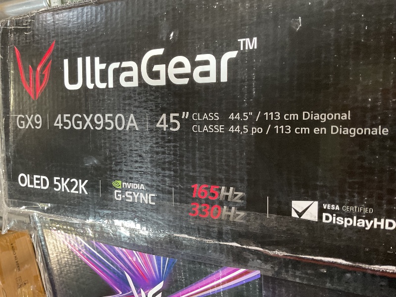 Photo 1 of **FOR PARTS ONLY/DAMAGED DISPLAY (BLINKS)** LG 45GX950A-B 45-inch Ultragear 5K2K WUHD (5120 x 2160) OLED Curved Gaming Monitor, Dual-Mode, 165Hz, 0.03ms, NVIDIA G-Sync, AMD FreeSync Premium Pro, HDR True Black 400, USB Type-C 90W, DP2.1, Black