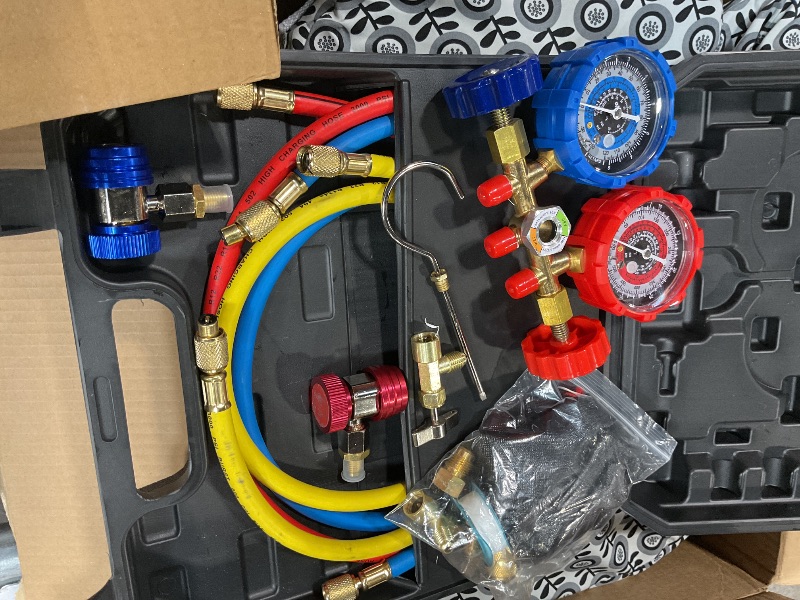 Photo 1 of * VACUUM PUMP OIL NOT INCLUDED * Orion Motor Tech AC Vacuum Pump and Gauge Set, 1/4 hp 3.5 cfm Vacuum Pump Manifold Gauge Kit with 3 Hoses Adapters & Accessories for R134a R12 R22 R502, A/C Vacuum Pump Kit for Auto HVAC Systems