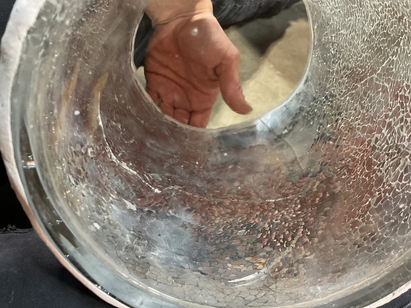 Photo 1 of * FIRST AND SECOND PHOTO SHOW DAMAGE, THIRD IS ITEM OVERALL * Escenzy Modern Bathroom Trash Can Silver Mosaic Glass 5L | 7" x 10" | Luxury Waste Basket for Restroom, Bedroom, Office & Kitchen | Decorative Small Garbage Can | Silver Glitter Bathroom Access