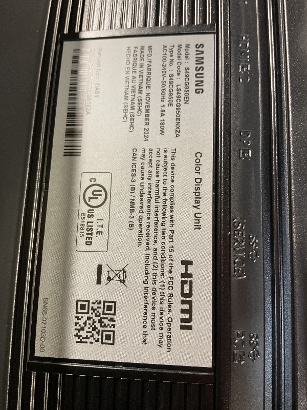 Photo 1 of **COLOR LINE ON DISPLAY** SAMSUNG 49" Odyssey G9 (G95C) Series DQHD 1000R Curved Gaming Monitor, 240Hz, 1ms(GtG), DisplayHDR 1000, AMD FreeSync Premium Pro, Eye Saver Mode, Auto Source Switch+, LS49CG950ENXZA, 2024