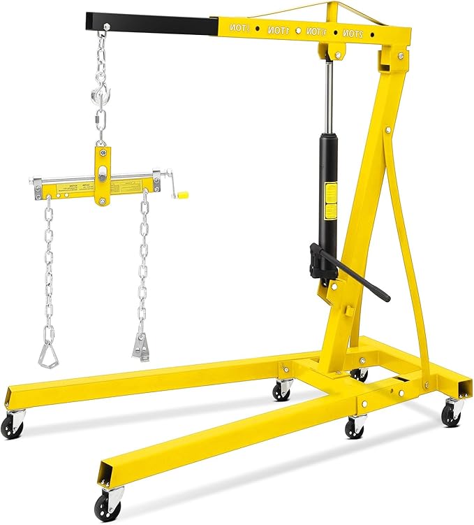 Photo 1 of 2 T Folding Hydraulic Engine Hoist with Leveler, 4400 LBS Cherry Picker Shop Crane with Telescopic Boom & 6 Casters, Engine Hoist Lift for Garage Workshop Warehouse, Heavy Duty, Yellow