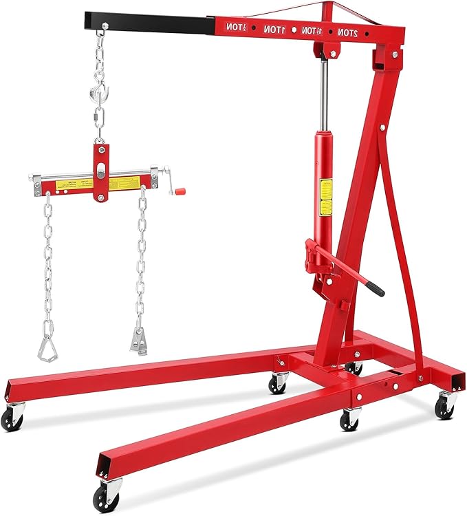 Photo 1 of 2 T Folding Hydraulic Engine Hoist with Leveler, 4400 LBS Cherry Picker Shop Crane with Telescopic Boom & 6 Casters, Engine Hoist Lift for Garage Workshop Warehouse, Heavy Duty, Red