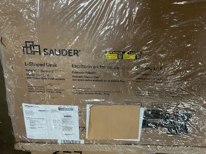 Photo 1 of ***PARTIAL SET BOX 1 OF 2*** Sauder Palladia L Shaped Desk with Drawers, Office Desk with File Cabinet Storage, Cable Management, Keyboard Tray, in Glacier Oak Finish