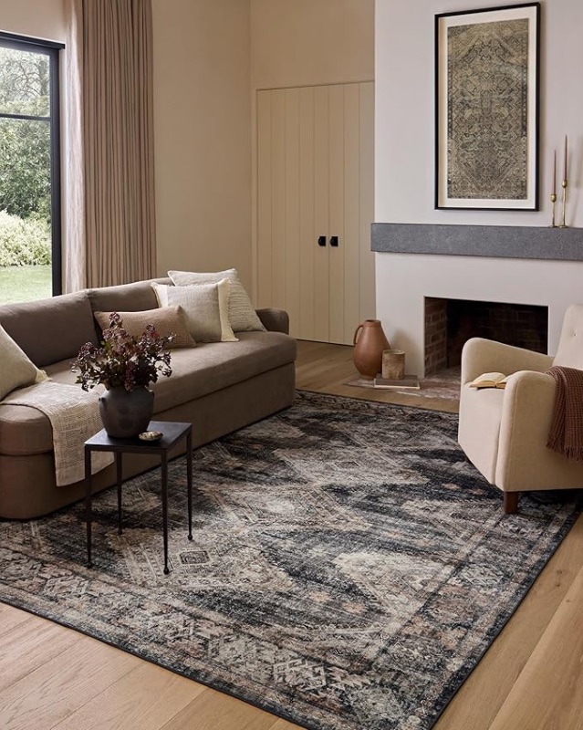 Photo 1 of **ROUND** Loloi Amber Lewis Josie Collection JOS-04 Ink/Earth 6'-0" x 6'-0", .13" Pile Height, Low Profile, Machine Washable, Round Area Rug