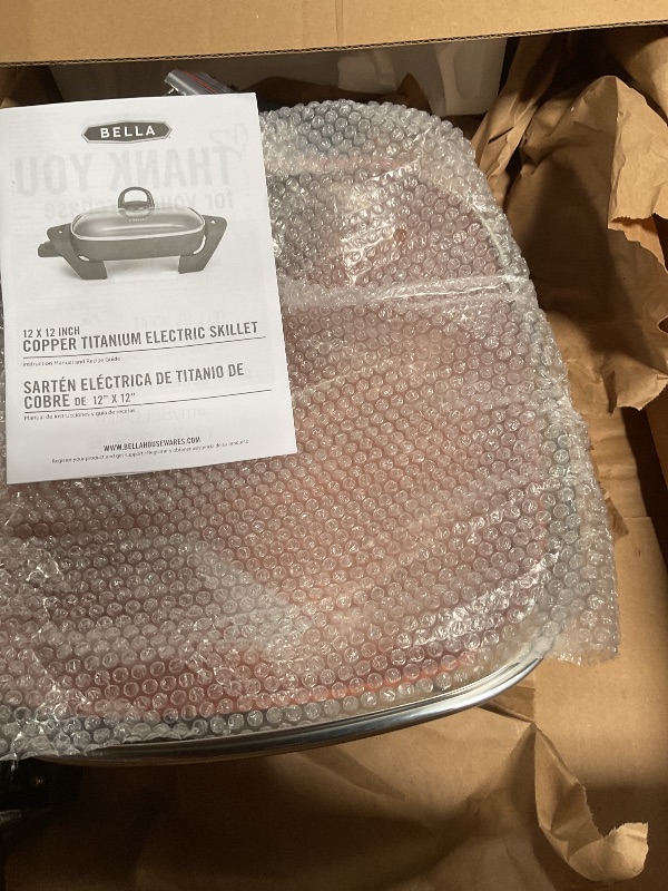 Photo 1 of **DAMAGED** NON-FUNCTIONAL** bella Electric Skillet and Frying Pan with Glass Lid, Nonstick Coating, Cool Touch Handles, Removable Heating Probe, Dishwasher Safe, 12 x 12 inch, Copper