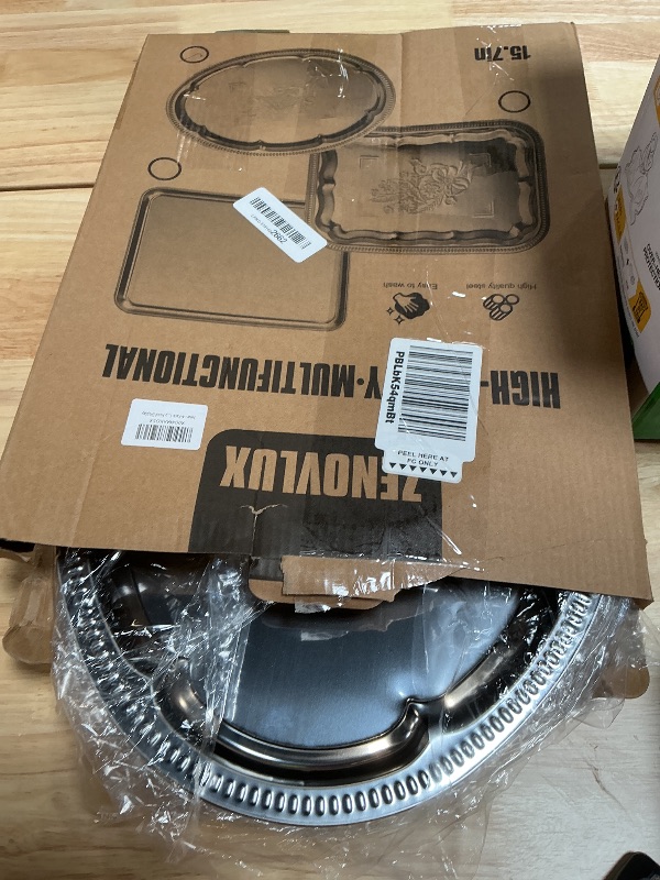Photo 1 of 4-Pack 15.7" x 11.8" Silver Serving Trays for Party Set - Oval Floral Engraved Serving Platters, Wedding Birthday Mirror Tray for Summer BBQ, Food, Appetizer, Charcuterie, Cookies, Desserts