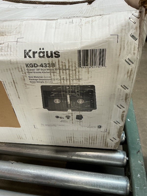 Photo 1 of ***FOR PARTS ONLY/BROKEN & MISSING ASSEMBLY PIEECS*** KRAUS 33 Inch Dual Mount 50/50 Double Bowl Granite Kitchen Sink w/Top mount and Undermount Installation in Black Onyx with WasteGuard™ Continuous Feed Garbage Disposal, KGD-433B-100-75MB