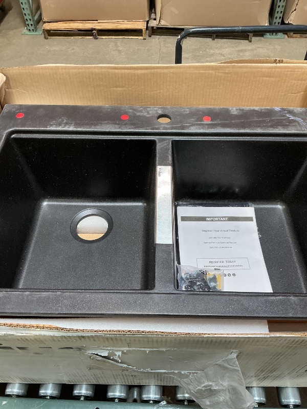 Photo 1 of ***FOR PARTS ONLY/BROKEN & MISSING ASSEMBLY PIEECS*** KRAUS 33 Inch Dual Mount 50/50 Double Bowl Granite Kitchen Sink w/Top mount and Undermount Installation in Black Onyx with WasteGuard™ Continuous Feed Garbage Disposal, KGD-433B-100-75MB