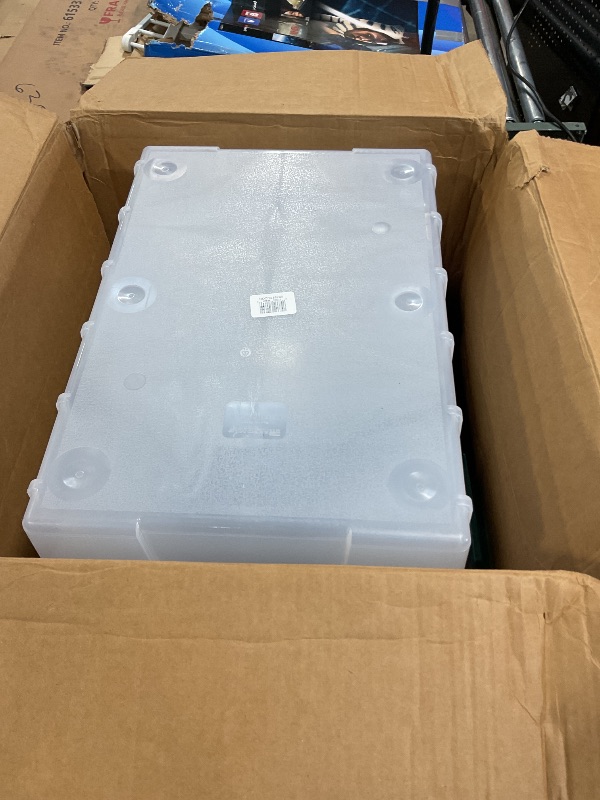 Photo 1 of ****HAS DAMAGED LID (S) **** Akro-Mils KeepBox 18 Gallon Storage Container, Nesting and Stackable Plastic Storage Box with Lid Attached, Clear Tote for Garages, Closets, and Moving, 21" x 15" x 17", Clear/Green, 3-Pack