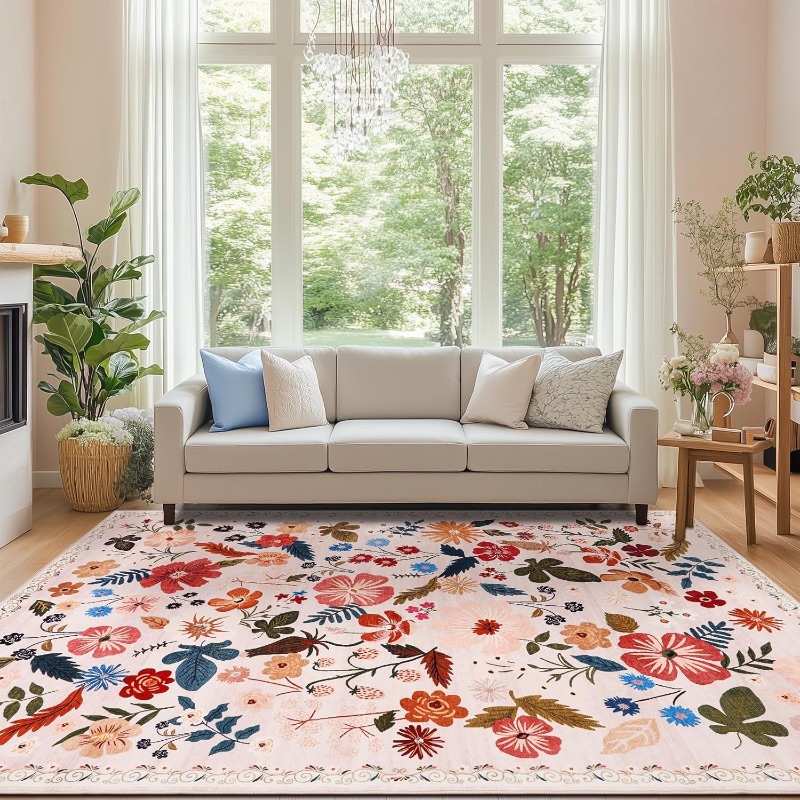 Photo 1 of 
Living Room 6x9 Area Rugs Machine Washable Ultra-Thin Soft Non Slip Carpet Rug Vintage Boho Flower Stain Resistant Large Rug for Bedroom Dining Room Indoor Nursery Guest Room Home Decor,Beige