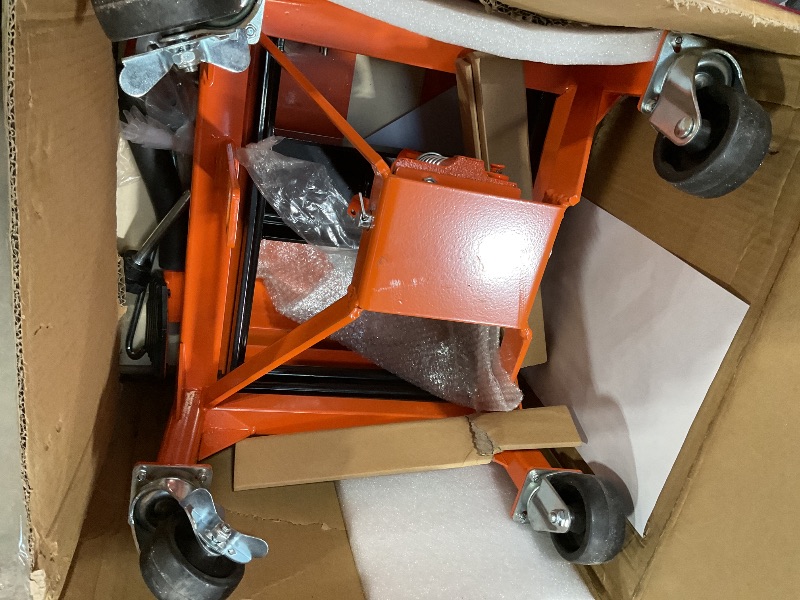 Photo 1 of **DIRT**VEVOR Hydraulic Motorcycle Lift Table, 350 lbs Capacity Motorcycle Scissor Jack Lift with Wide Deck, J-Hooks, 4 Wheels, Hydraulic Foot-Operated Jack Stand for ATV Dirt Bikes