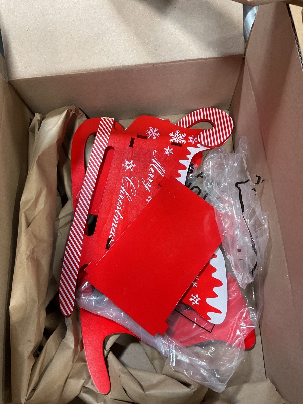 Photo 1 of **FOR PARTS ** Qeeenar Christmas Santa Sleigh Indoor Decorations Red Wooden Sled Christmas Tree Decor Photo Booth Props Kit Table Top Xmas Decor for Pets Trailer Party Favors Sleigh, 19 x 11 x 6.3 Inches