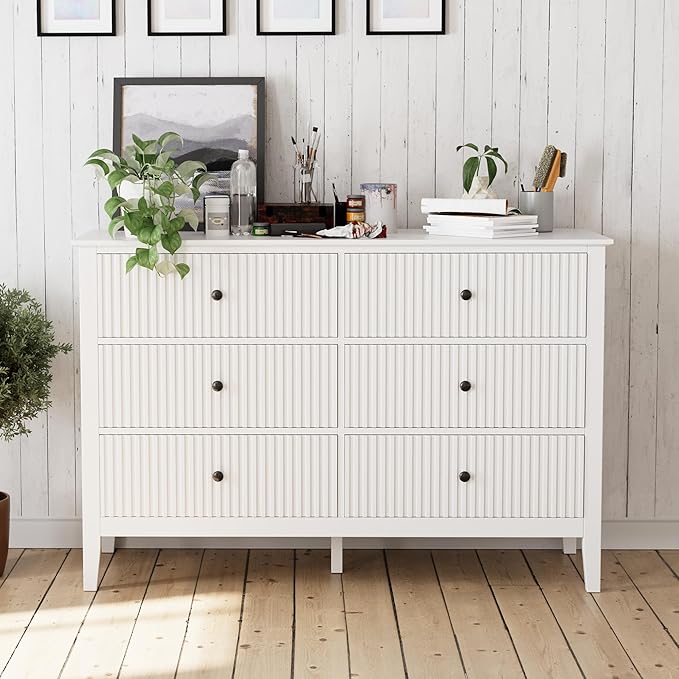 Photo 1 of **MINOR DAMAGE TO CORNERS**White 6 Drawer Dresser for Bedroom, Modern Double Chest of Drawers 47" Wide, Wood Drawers Storage Organizer Cabinet for Home Office, Living Room, Study Room, Nursery