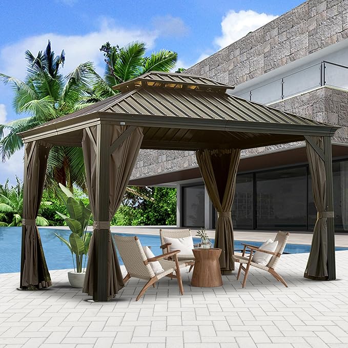 Photo 1 of **SELLING FOR PARTS AS PARTIAL SET. BOX #5 OUT OF 5**Domi 10x12 Outdoor Gazebo, Hardtop Gazebo with Aluminum Frame, Heavy Duty Pavilion Gazebo for Patio Deck Backyard, Curtain and Netting Included, Dark Brown