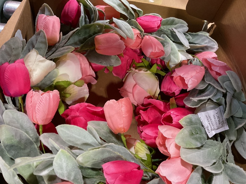 Photo 1 of 20 Inches Farmhouse Valentines Wreath Modern Valentine Flower Wreath Rocco Valentines Day Door Wreaths with Red Pink Rose Tulip Flocked Lambs Ear for Window Porch Porch Indoor Outside Decor