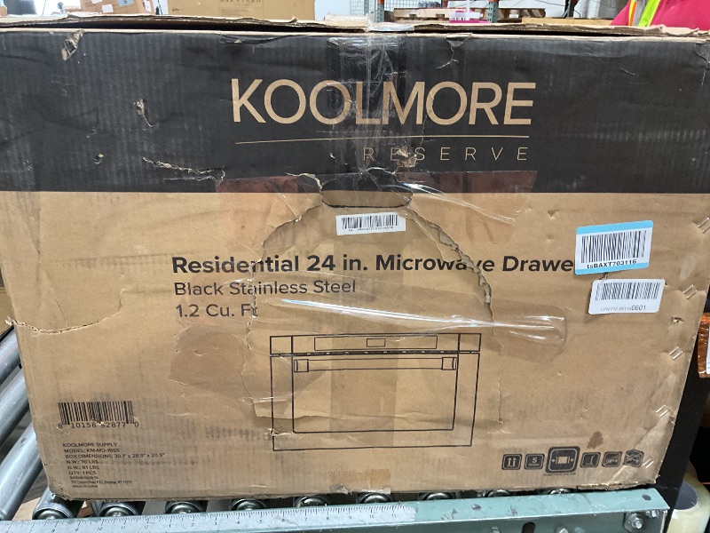 Photo 1 of ***MINOR DENT ON HANDLE***KoolMore Reserve 24 in. 1.2 cu. ft. Microwave Drawer with Electric Door Opening, 10 Power Levels, Sensor Cooking, Melt, Defrost, Bake, Roast, Broil, 1500 Watts, UL Certified in Black Stainless-Steel