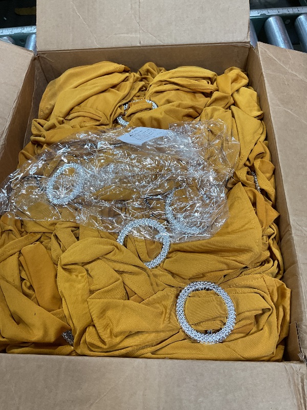 Photo 1 of 150 Pack Spandex Stretch Chair Sashes Bows, Elastic Stretch Chair Cover Bands Ties with Buckle Slider for Wedding Party Ceremony Reception Event Banquet Decoration (Gold)