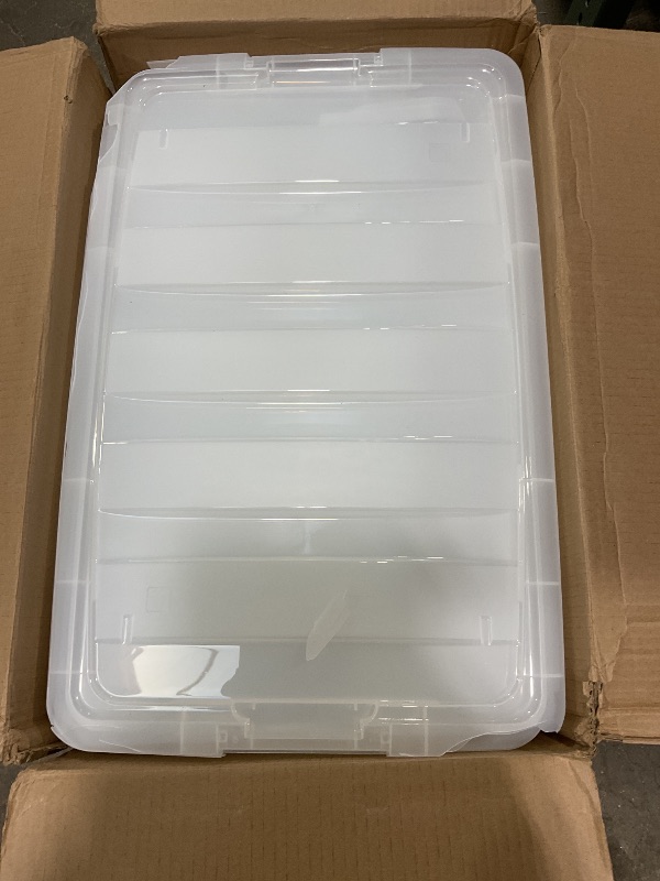 Photo 1 of ***MAJOR DAMAGE TO LIDS***IRIS USA 72 Qt Stackable Plastic Storage Bins with Lids, 6 Pack - BPA-Free, Made in USA - See-Through Organizing Solution, Latches, Durable Nestable Containers, Secure Pull Handle - Clear