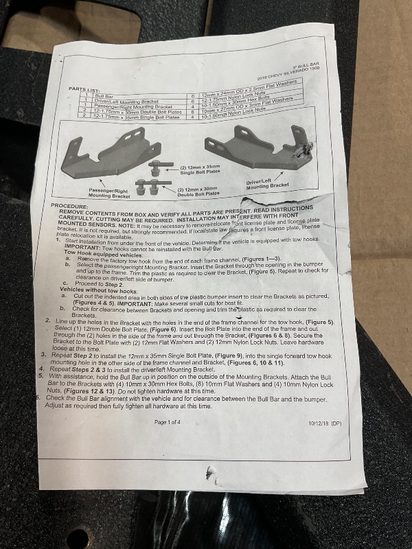 Photo 1 of ***USED, UNKNOWN MISSING HARDWARE, SEE PHOTO FOR REFERENCE ***Bull Bar Compatible with 2019-2021 Chevy Silverado/GMC Sierra 1500|8719923|Matte Black|Front Bumper Guard|Bull Guard