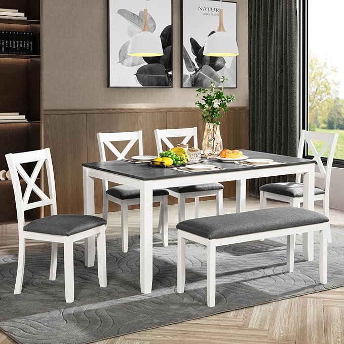 Photo 1 of ***PHOTO FOR REFERENCE ***Dining Set with Bench, Modern Rectangular Table for 6, Grey & White Two-Tone Wood Dining Table Set with 4 Chairs and Bench