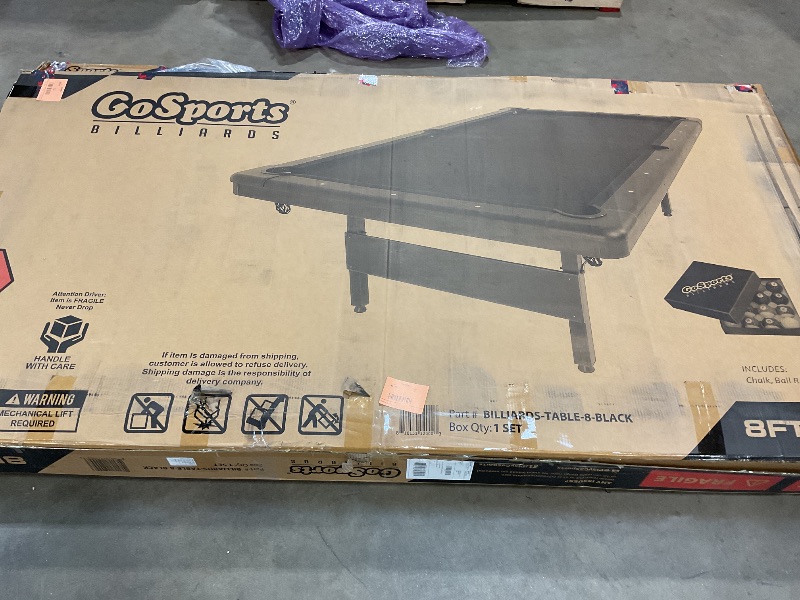 Photo 1 of ***MINOR DAMAGE, SCRATCH***GoSports Full Size 8 ft x 4.2 ft Billiards Game Table - Foldable Design, Includes Full Set of Pool Balls, 2 Cue Sticks, Chalk, and Felt Brush - Black